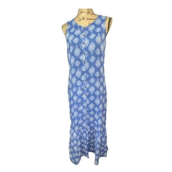 Lucky Brand Blue Ikat Maxi Dress Small Sleeveless Ruffle Bottom Buttons - Picture 5 of 12